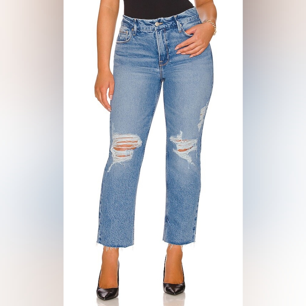 Good American Good Icon Festival Rips Straight Crop NWT Denim Jeans 2 26 - Picture 2 of 16